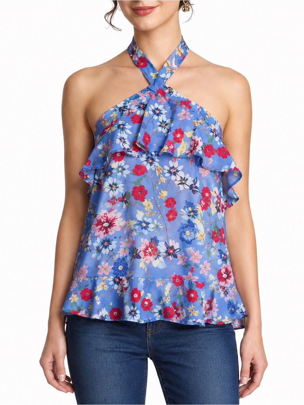 PARKER Sevilla Floral Halter Top Lilac Blue Ruffle Silk-Feel Resort Blouse NWT M